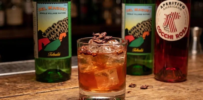 dusty roads stirred mezcal cocktail with del maguey tobala and cocchi americano rosa in a rocks glass over ice garnished with roasted chapulines