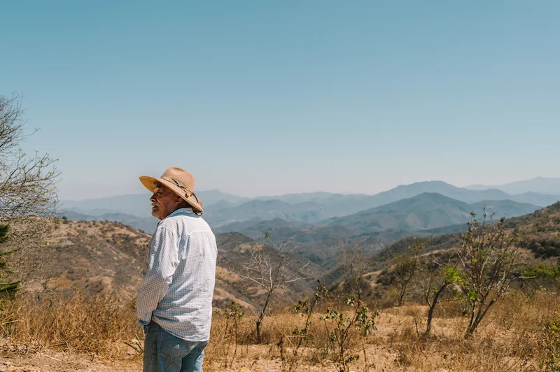 A master mezcalero looking out over the rugged mountain landscape and agave fields in Las Milpas, Oaxaca.
