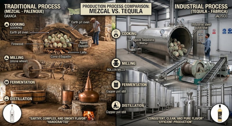 Side by side comparison of the production process: traditional palenque with conical earthen oven and wood fire for mezcal versus industrial steel autoclave for tequila
