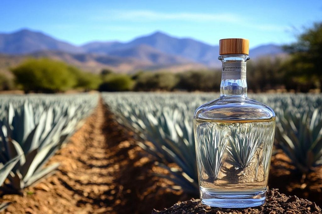 a bottle of mezcal on a plantation