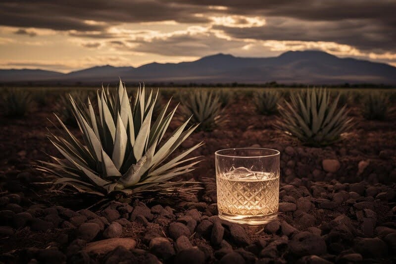 a glass of mezcal on an agave plantation