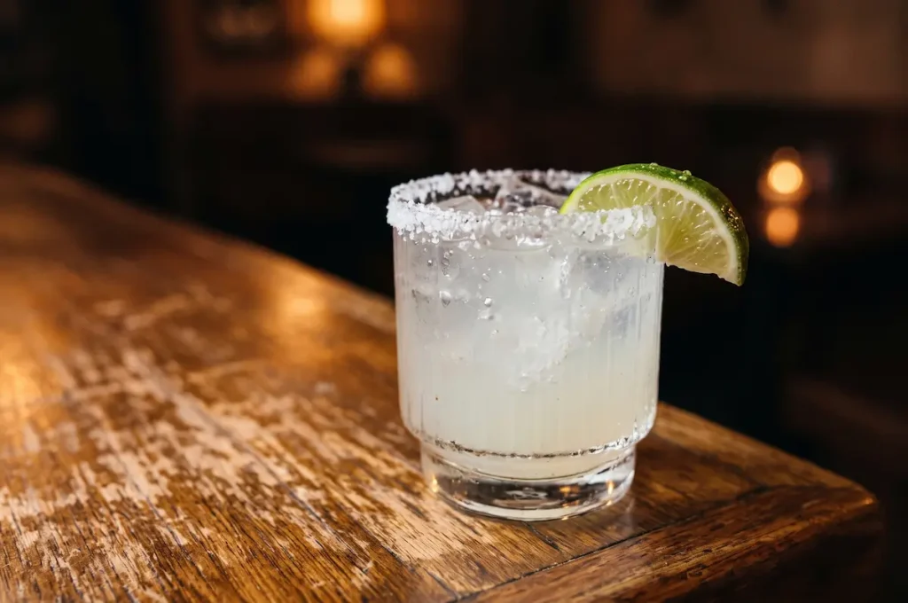 Behold the unmatched freshness of a high-definition Margarita cocktail. Salt, lime, and crystal-clear ice captured in maximum detail on a warm rustic bar.