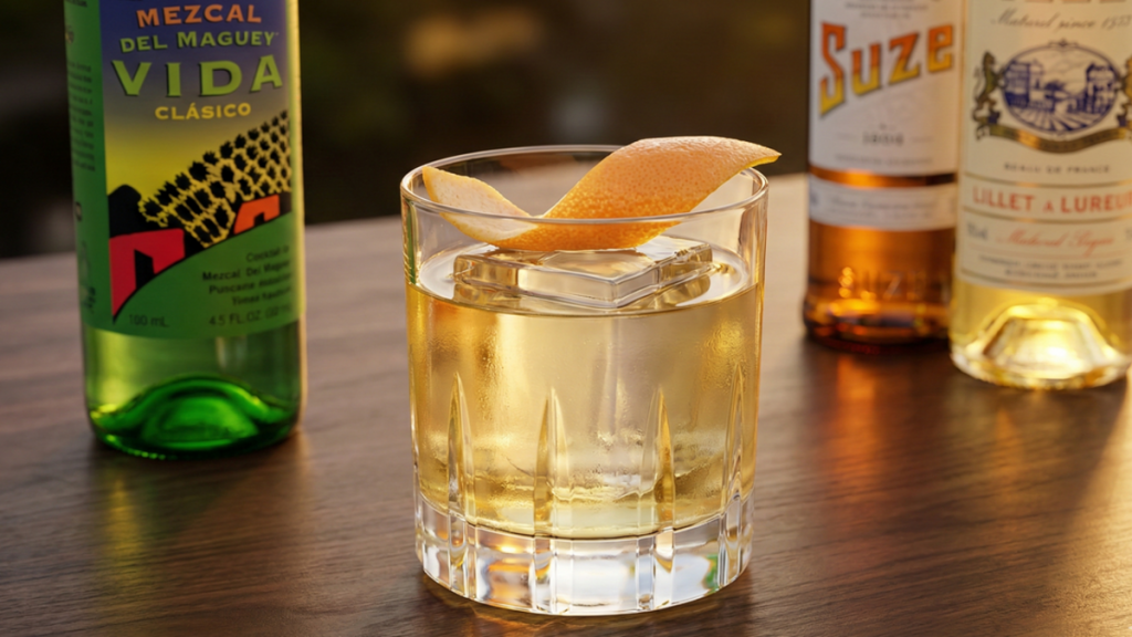 La Alianza cocktail served in an Old Fashioned glass with ice and a grapefruit peel garnish, made with Del Maguey Vida Clásico mezcal, Lillet, and Suze, with the bottles in the background.