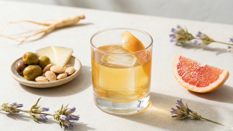 La Alianza cocktail served over ice with a grapefruit peel in an Old Fashioned glass, accompanied by olives, nuts, and a grapefruit wedge on a light surface.
