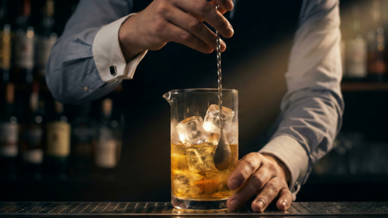 Bartender stirring the La Alianza cocktail in a mixing glass with ice, blending mezcal, Lillet, and Suze to achieve a well-chilled, balanced mixture.