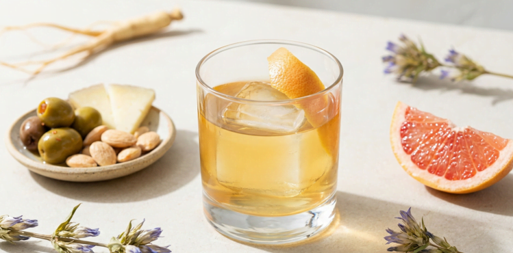 Cóctel La Alianza servido con hielo y piel de pomelo en un vaso Old Fashioned, acompañado de aceitunas, frutos secos y un gajo de pomelo sobre una superficie clara.