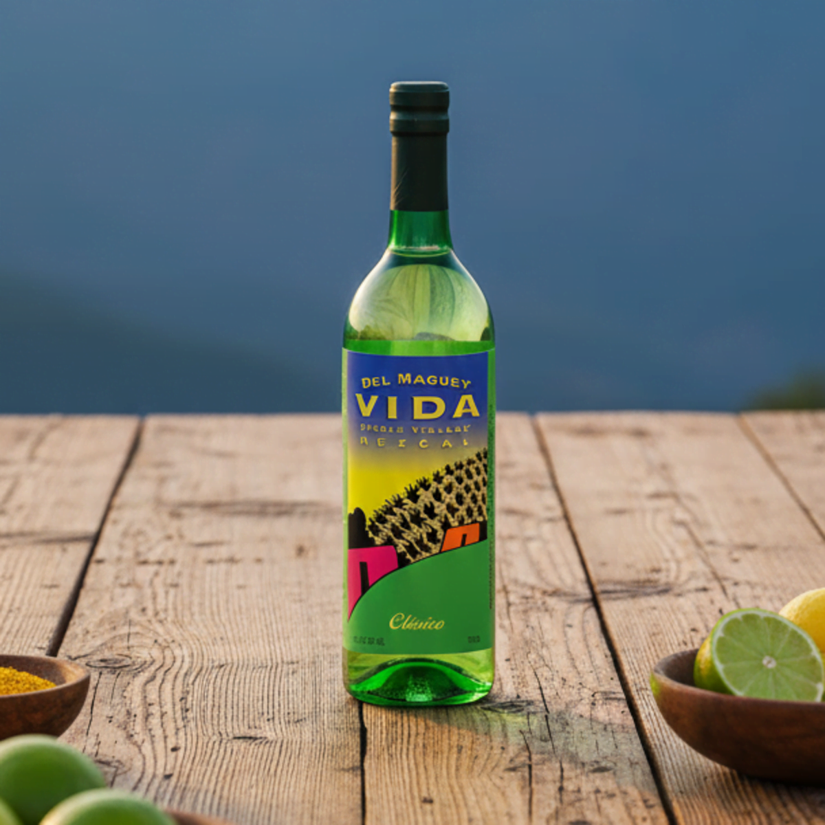 Del Maguey Vida mezcal bottle on a wooden table with lime and salt, showcasing a classic mezcal used for sipping and cocktails.