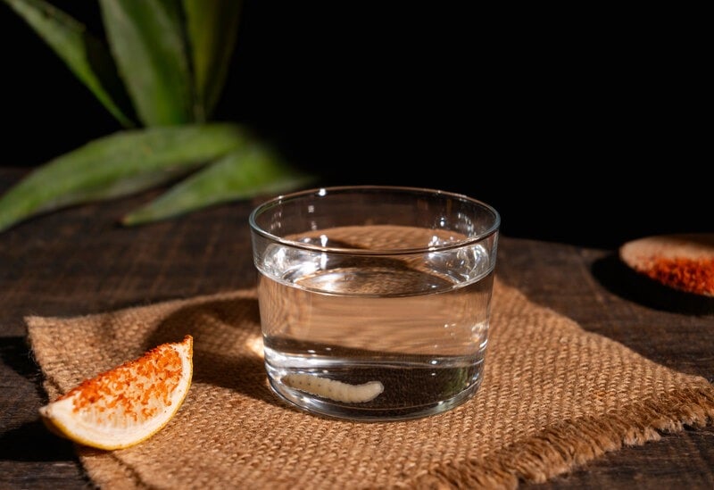 Traditional mezcal copita glass with a small pour of mezcal, served alongside orange and sal de gusano on a rustic table.
