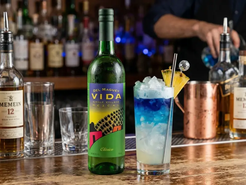 popolada ble float disco cocktail with del maguey vida mezcal popolada ble float disco cocktail served with del maguey vida mezcal bottle and bar setup
Title: popolada ble float disco cocktail with del maguey vida mezcal