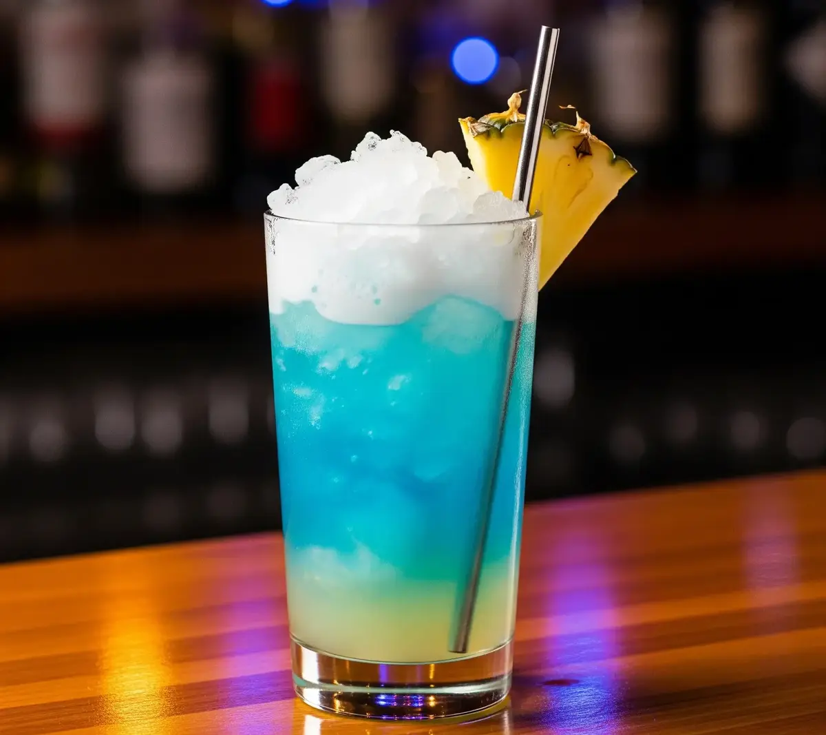 coctel popolada ble float disco con capa de blue curaçao, espuma de clara de huevo y piña en vaso highball