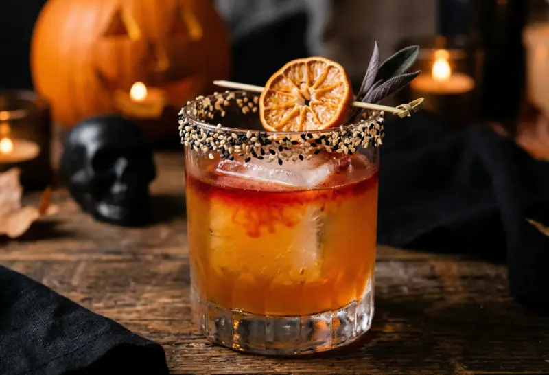 altar cocktail recipe with del maguey vida de muertos decorated with dried citrus and sesame salt rim for day of the dead cocktails