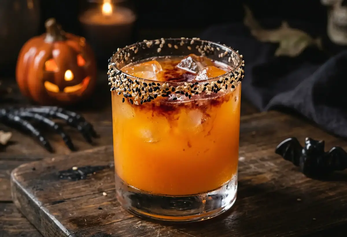 close up of an altar drink with red foam and sesame seeds rim on a wooden surface with mezcal ofrenda recipe decorations