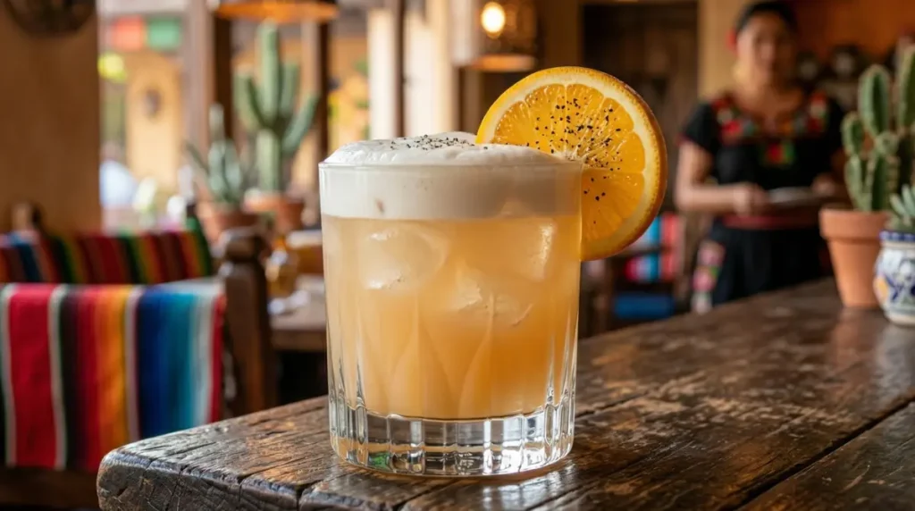 Cóctel Agave Sour con espuma de clara de huevo y guarnición de naranja, elaborado artesanalmente en un bar de ambiente mexicano tradicional.