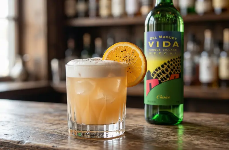Botella de Del Maguey VIDA Clásico junto a un Agave Sour recién preparado con cítricos y pimienta negra.