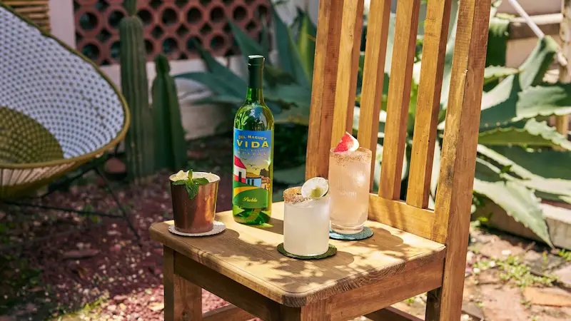 Refined home bar cart with del maguey vida mezcal, tequila bottle and cocktail tools for an agave-first home bar setup