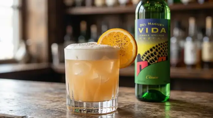 Del Maguey VIDA Clasico bottle next to a freshly prepared Agave Sour recipe with citrus and black pepper.
