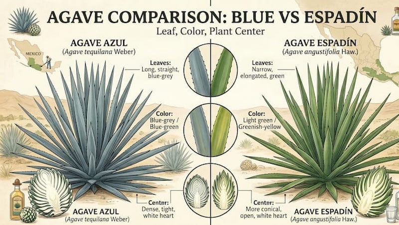 Comparison of agave azul Weber used for tequila and agave Espadín used for mezcal showing the leaf, color and core differences of each plant
