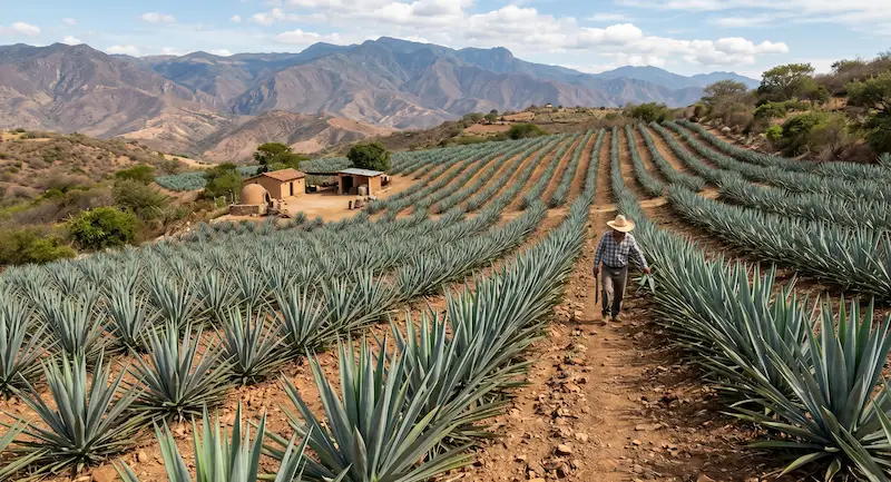 Cultivated agave espadín plants growing in rows in Oaxaca