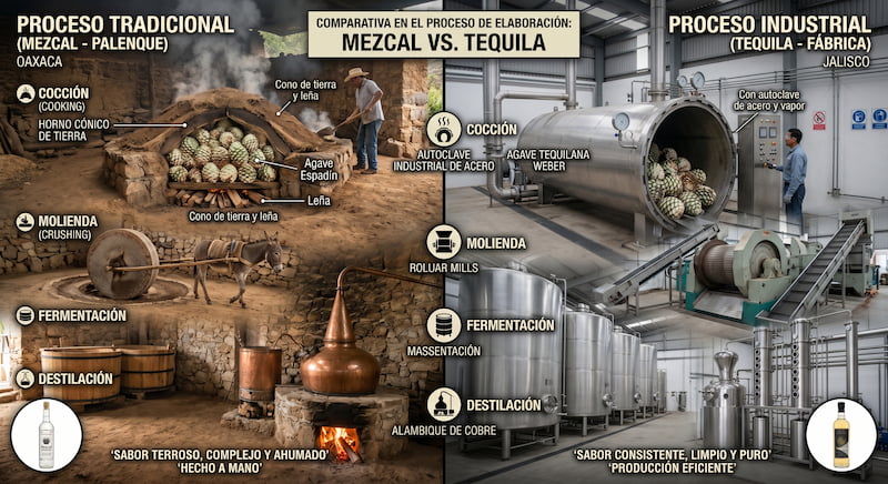 Comparativa del proceso de elaboración: palenque tradicional con horno cónico de tierra y leña para el mezcal frente a autoclave industrial de acero para el tequila
