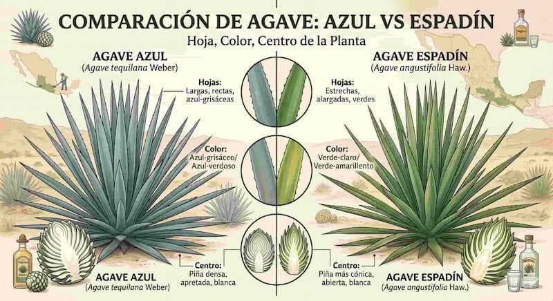 Comparativa entre el agave azul Weber usado para tequila y el agave Espadín usado para mezcal mostrando las diferencias de hoja, color y centro de la planta
