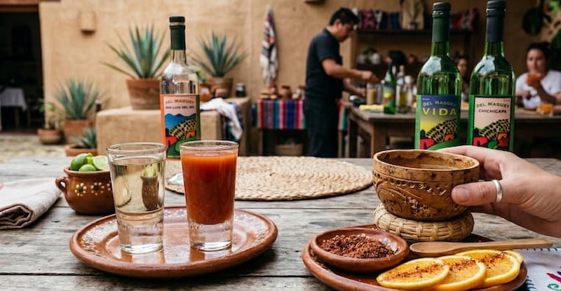 Caballito of tequila with sangrita next to a jícara of mezcal with sal de gusano and orange slices, showing the traditional Mexican rituals for sipping tequila and mezcal