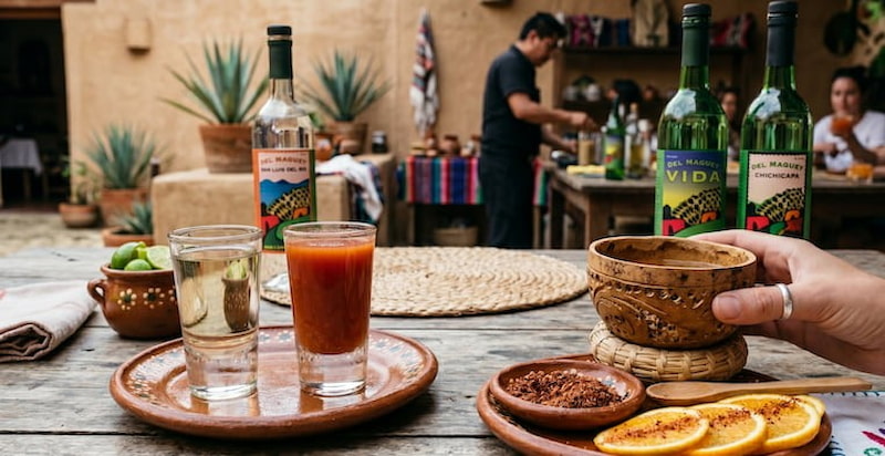 Caballito de tequila con sangrita junto a jícara de mezcal con sal de gusano y rodajas de naranja, mostrando los rituales tradicionales mexicanos para sorber tequila y mezcal
