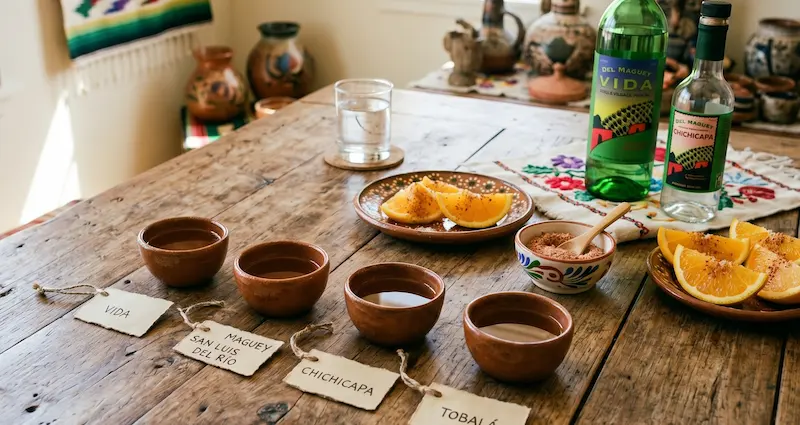 Four identical copitas with mezcal pours arranged in a row for a tasting flight
