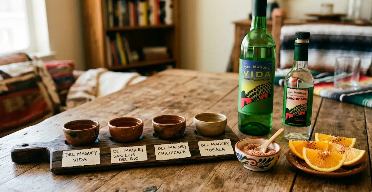 Mezcal tasting flight at home with four copitas, sal de gusano and orange slices on a wooden table