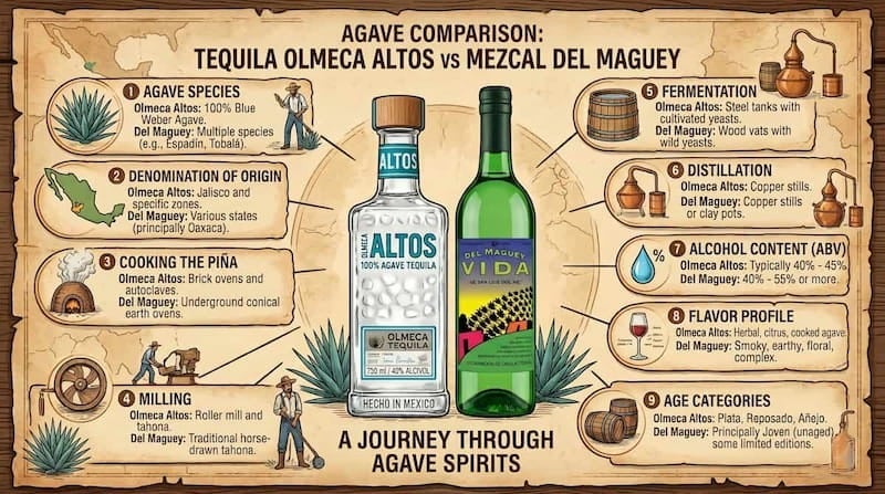 Mezcal and tequila bottles side by side showing the difference between the two agave spirits
