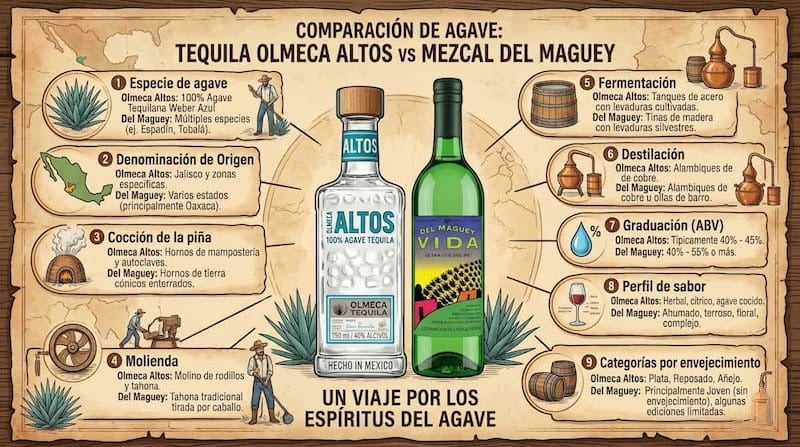 Botellas de mezcal y tequila lado a lado mostrando la diferencia entre los dos destilados de agave mexicanos