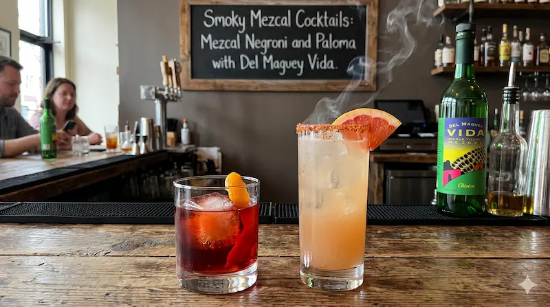 mezcal negroni y paloma ahumada con mezcal Del Maguey Vida en una barra. 