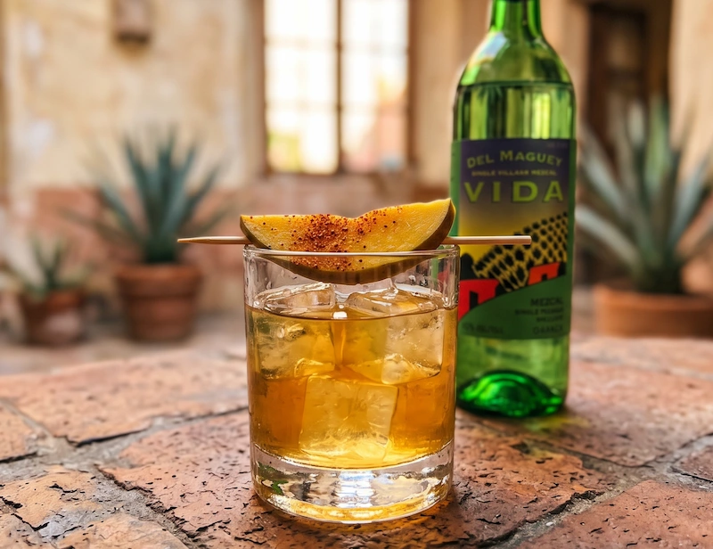 Botellas de Del Maguey Vida Clásico y Vida Puebla junto a un mango fresco y un limón