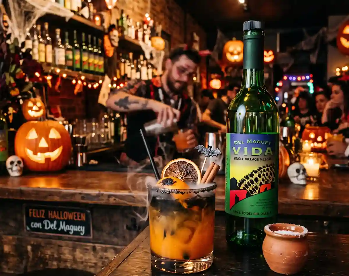 Halloween cocktail serverd for a barman in a pub.