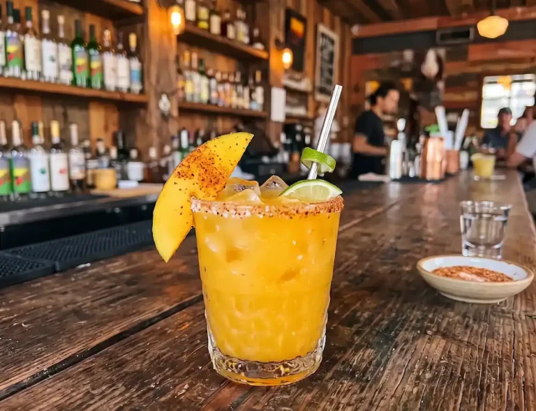 Refreshing yellow cocktail garnished with a mango slice and a spiced rim. Served on a wooden bar counter in a rustic bar setting.