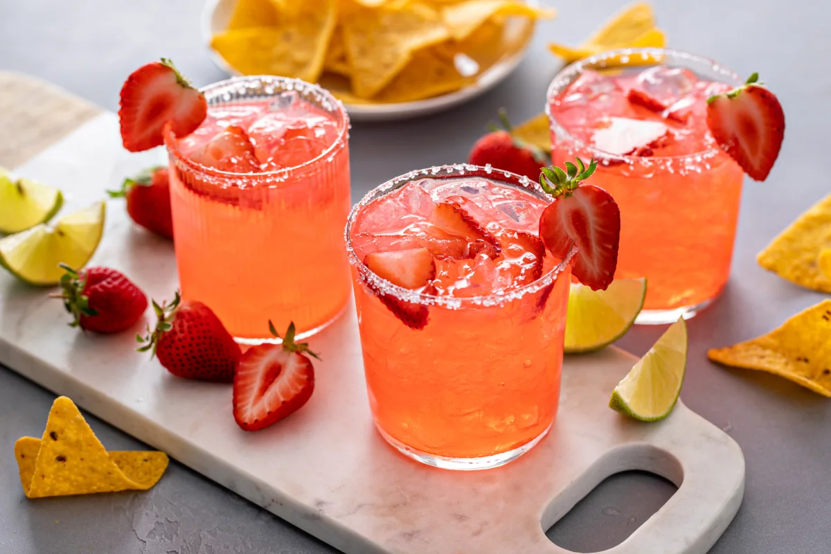 Margarita de fresa con mezcal en un vaso old fashioned con hielo fresco, decorada con media fresa en el borde