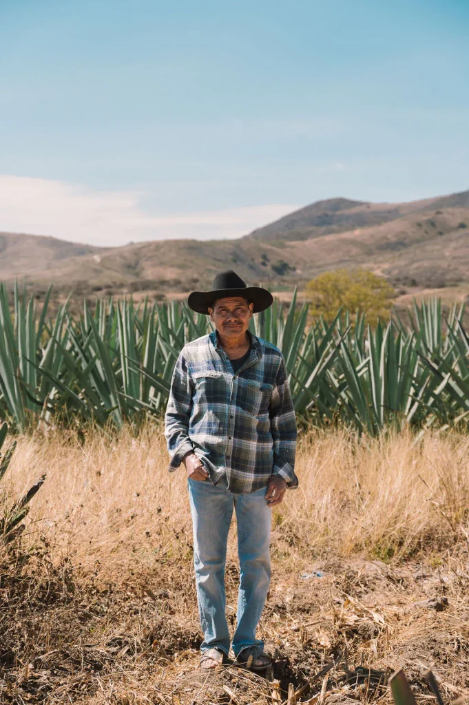 A palenquero in a black hat and plaid shirt stands in dry grass in front of an agave field, with hills behind